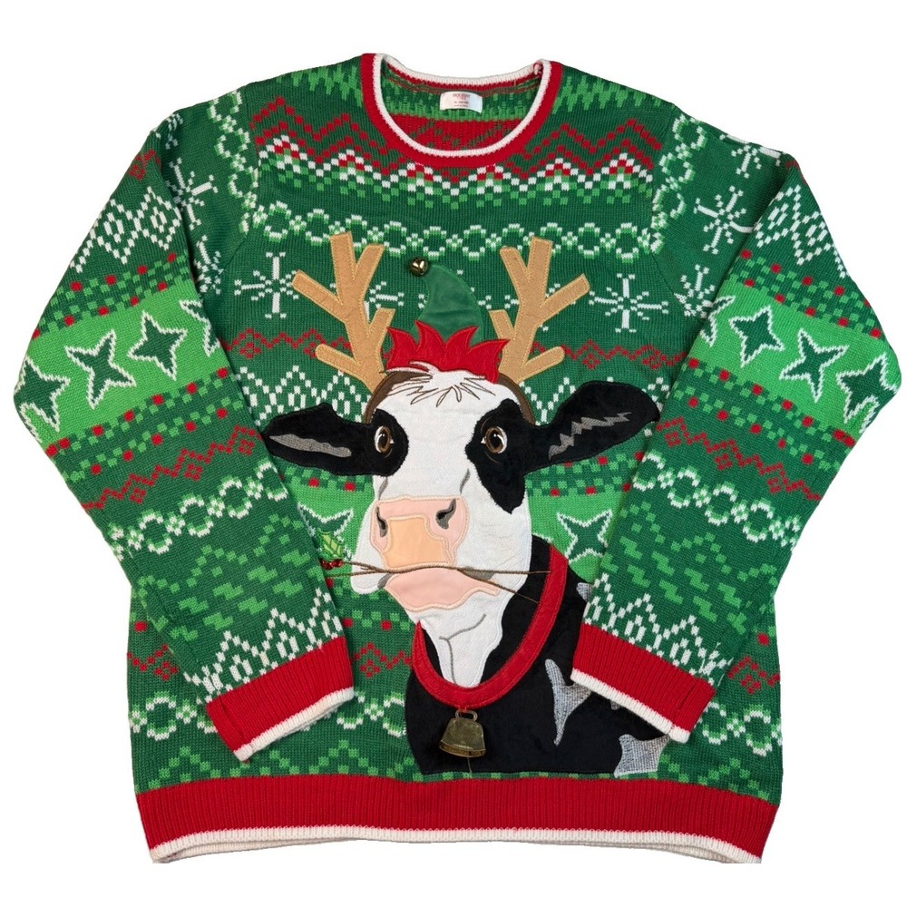 NWT Holiday Time XL Ugly Christmas Holiday Sweater Cow Reindeer 3D Jingle Bell